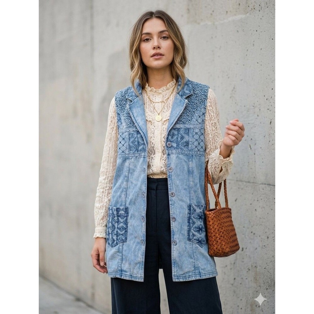 Vtg Marsha Sport Denim Vest S Boho Cottagecore Mixed Media Embroidered Artsy